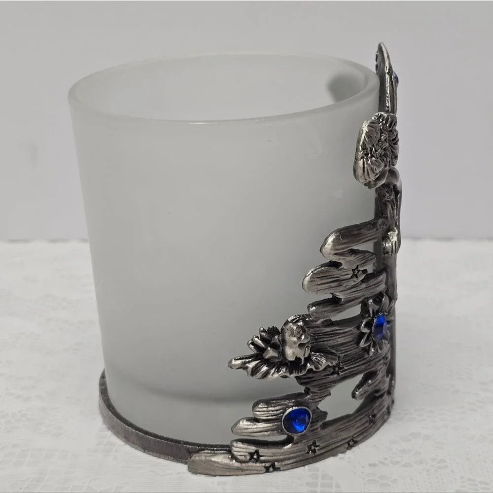 Vintage Silver Metal Fairy Elf Blue Rhinestones Celestial Votive Candle Holder
